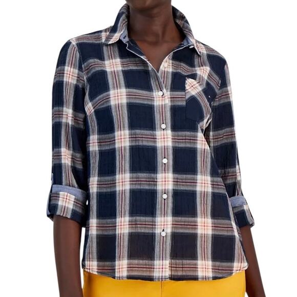 Tommy Hilfiger Tops - Tommy Hilfiger Women’s Plaid Crinkle Utility Button Up Shirt Navy Red Size XXL